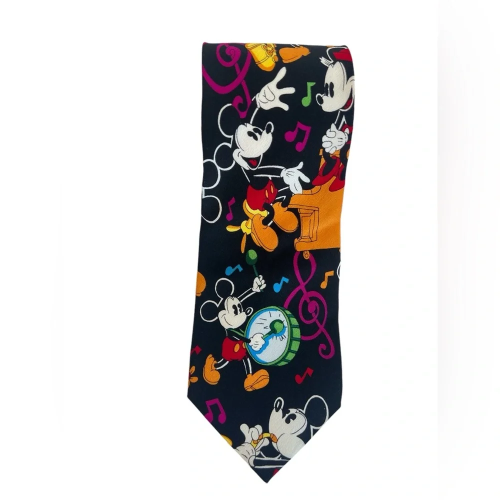 Disney Tie Mickey Mouse 100% Silk Black Band Music Clef Notes‎ Balancine Necktie